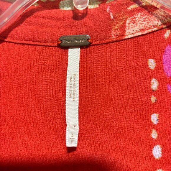 Free People Boho Blouse Tunic Top Small Floral Tomato Combo Hi-Low Long Sleeve - Picture 5 of 8